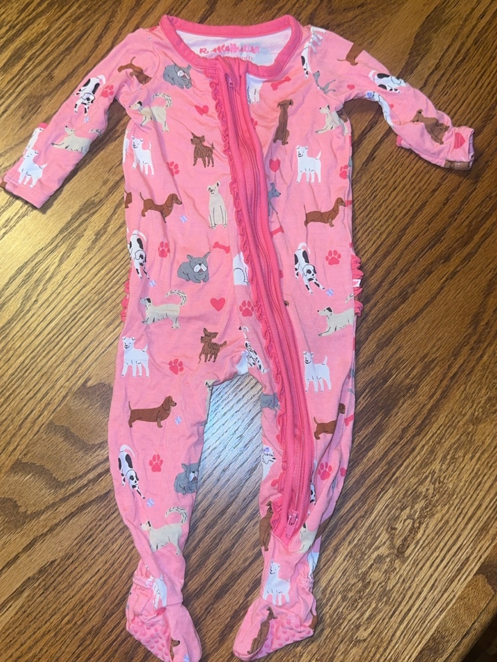Ruffle Butts Pink Puppy Print Footed Bamboo One-Piece